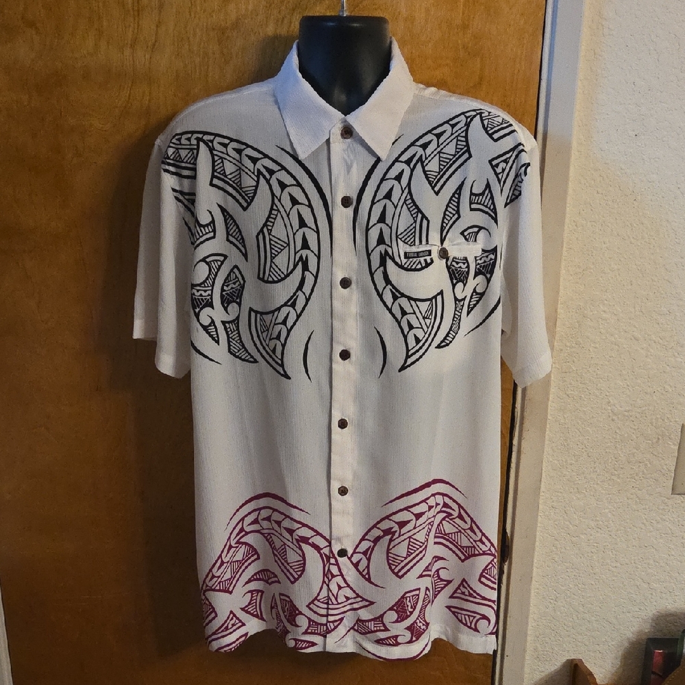 Tribal Origin Hawaiian Shirt Mens XL White Short Sleeve Aloha Cotton